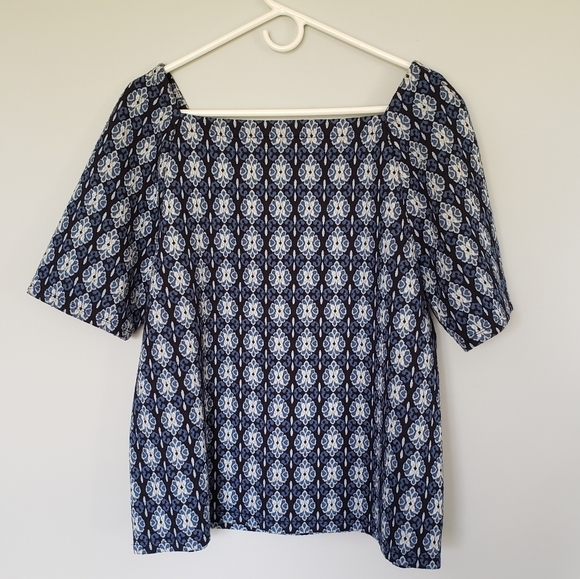 Ann Taylor Loft Diamond Jacquard Knit Square Neck Short Sleeve Top Blue Sz Large - Picture 6 of 6